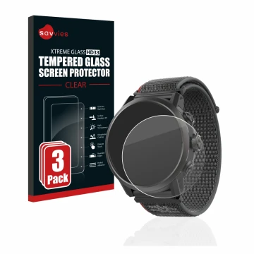 Vorderseite einer Produktverpackung mit dem Markenlogo Savvies. Daneben ist das Gerät Coros Apex 2 mit dem zugehörigen Display