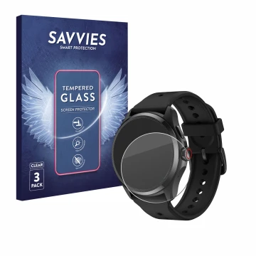 Vorderseite einer Produktverpackung mit dem Markenlogo Savvies. Daneben ist das Gerät Mobvoi TicWatch Pro 5 mit dem zugehörige