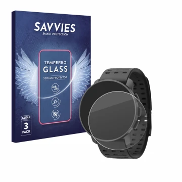 Vorderseite einer Produktverpackung mit dem Markenlogo Savvies. Daneben ist das Gerät Suunto 9 Peak Pro mit dem zugehörigen Di