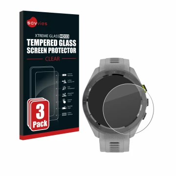 Vorderseite einer Produktverpackung mit dem Markenlogo Savvies. Daneben ist das Gerät Garmin Approach S70 (42 mm) mit dem zuge