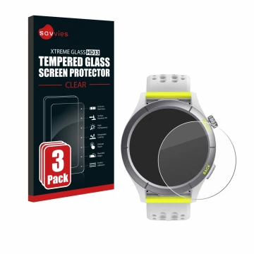 Vorderseite einer Produktverpackung mit dem Markenlogo Savvies. Daneben ist das Gerät Huami Amazfit Cheetah mit dem zugehörige