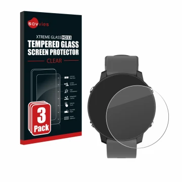 Vorderseite einer Produktverpackung mit dem Markenlogo Savvies. Daneben ist das Gerät Shot Scope G5 GPS Watch mit dem zugehöri