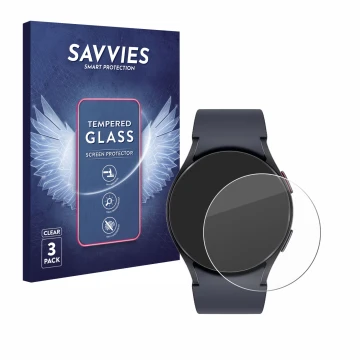 Vorderseite einer Produktverpackung mit dem Markenlogo Savvies. Daneben ist das Gerät Samsung Galaxy Watch 6 (44 mm) mit dem z