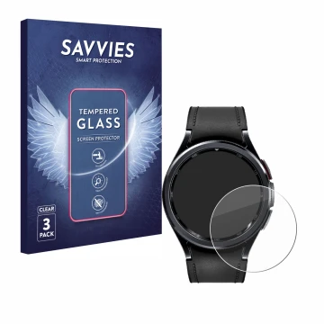 Vorderseite einer Produktverpackung mit dem Markenlogo Savvies. Daneben ist das Gerät Samsung Galaxy Watch 6 Classic (47 mm) m