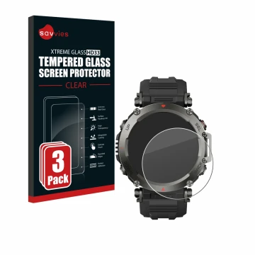 Vorderseite einer Produktverpackung mit dem Markenlogo Savvies. Daneben ist das Gerät Huami Amazfit T-Rex Ultra mit dem zugehö