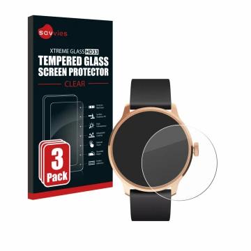 Vorderseite einer Produktverpackung mit dem Markenlogo Savvies. Daneben ist das Gerät Withings ScanWatch Light mit dem zugehör