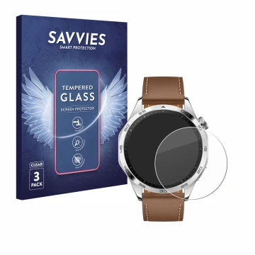 Vorderseite einer Produktverpackung mit dem Markenlogo Savvies. Daneben ist das Gerät Huawei Watch GT 4 (46mm) mit dem zugehör
