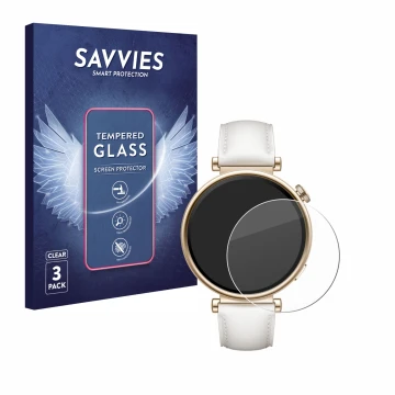 Vorderseite einer Produktverpackung mit dem Markenlogo Savvies. Daneben ist das Gerät Huawei Watch GT 4 (41mm) mit dem zugehör