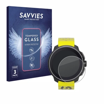 Vorderseite einer Produktverpackung mit dem Markenlogo Savvies. Daneben ist das Gerät Suunto Race mit dem zugehörigen Displays