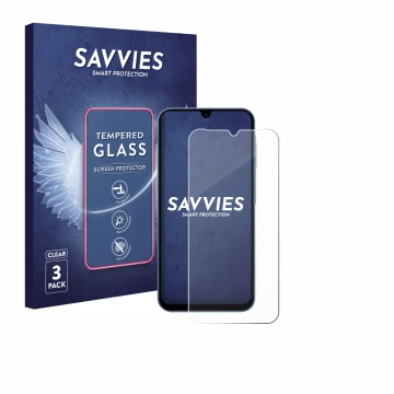 Vorderseite einer Produktverpackung mit dem Markenlogo Savvies. Daneben ist das Gerät Samsung Galaxy A15 mit dem zugehörigen D