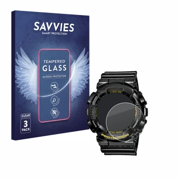 Vorderseite einer Produktverpackung mit dem Markenlogo Savvies. Daneben ist das Gerät Casio G-Shock GA-110GB-1A mit dem zugehö