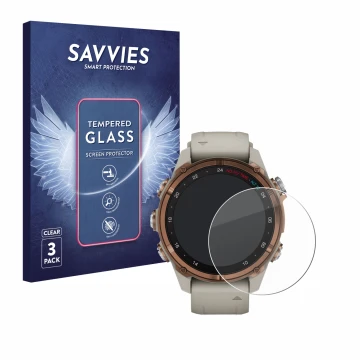 Vorderseite einer Produktverpackung mit dem Markenlogo Savvies. Daneben ist das Gerät Garmin Descent Mk3 (43 mm) mit dem zugeh