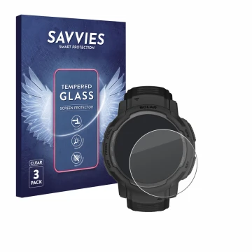 Vorderseite einer Produktverpackung mit dem Markenlogo Savvies. Daneben ist das Gerät Garmin Instinct Crossover AMOLED mit dem