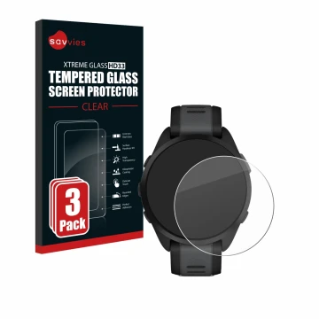 Vorderseite einer Produktverpackung mit dem Markenlogo Savvies. Daneben ist das Gerät Garmin Forerunner 165 mit dem zugehörige