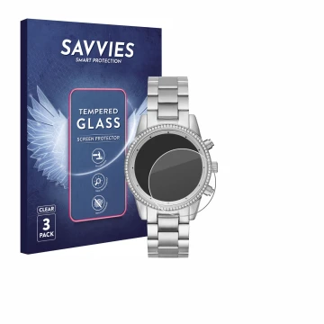 Vorderseite einer Produktverpackung mit dem Markenlogo Savvies. Daneben ist das Gerät Michael Kors Ritz MK6428 mit dem zugehör