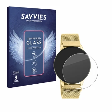 Vorderseite einer Produktverpackung mit dem Markenlogo Savvies. Daneben ist das Gerät Oozoo Q00121 mit dem zugehörigen Display