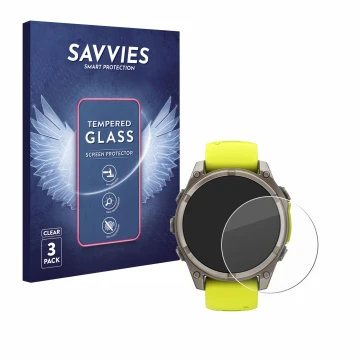 Vorderseite einer Produktverpackung mit dem Markenlogo Savvies. Daneben ist das Gerät Garmin Fenix 8 Solar (47 mm) mit dem zug