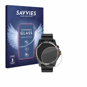 Vorderseite einer Produktverpackung mit dem Markenlogo Savvies. Daneben ist das Gerät Mobvoi Ticwatch Atlas mit dem zugehörige