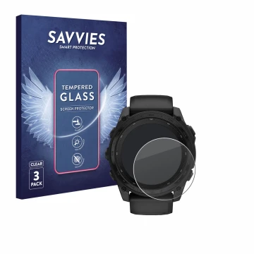 Vorderseite einer Produktverpackung mit dem Markenlogo Savvies. Daneben ist das Gerät Garmin Tactix 8 Solar (51 mm) mit dem zu