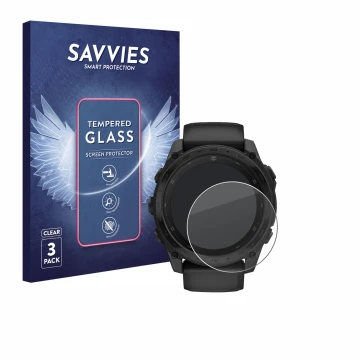 Vorderseite einer Produktverpackung mit dem Markenlogo Savvies. Daneben ist das Gerät Garmin Tactix 8 AMOLED (51 mm) mit dem z