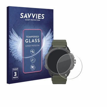 Vorderseite einer Produktverpackung mit dem Markenlogo Savvies. Daneben ist das Gerät Hammer Watch 2 Military Edition mit dem 