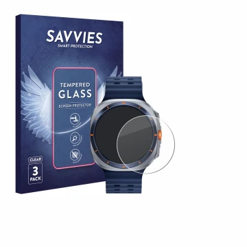 Vorderseite einer Produktverpackung mit dem Markenlogo Savvies. Daneben ist das Gerät Samsung Galaxy Watch Ultra 2 (47 mm) mit