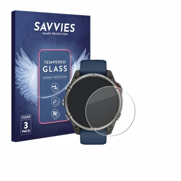 Vorderseite einer Produktverpackung mit dem Markenlogo Savvies. Daneben ist das Gerät Garmin quatix 8 (47 mm) mit dem zugehöri