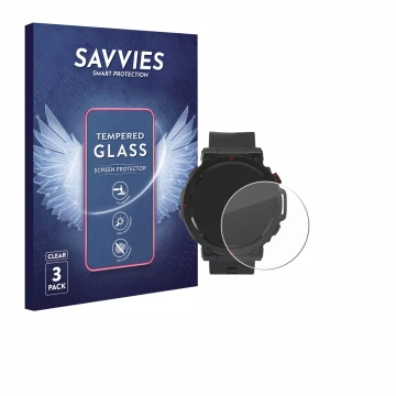 Vorderseite einer Produktverpackung mit dem Markenlogo Savvies. Daneben ist das Gerät Crivit Sport-Smartwatch mit dem zugehöri