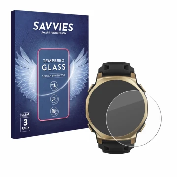 Vorderseite einer Produktverpackung mit dem Markenlogo Savvies. Daneben ist das Gerät Huami Amazfit T-Rex 3 Pro (44 mm) mit de