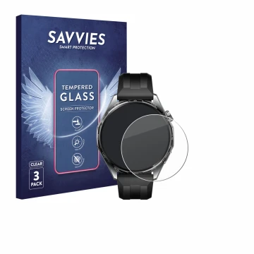Vorderseite einer Produktverpackung mit dem Markenlogo Savvies. Daneben ist das Gerät Huawei Watch GT 6 (46 mm) mit dem zugehö