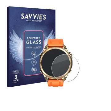 Vorderseite einer Produktverpackung mit dem Markenlogo Savvies. Daneben ist das Gerät Doogee Anywise W1 mit dem zugehörigen Di