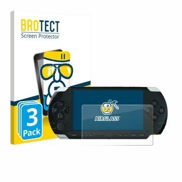 Vorderseite einer Produktverpackung mit dem Markenlogo BROTECT. Daneben ist das Gerät Sony PSP 1000 mit dem zugehörigen Displa