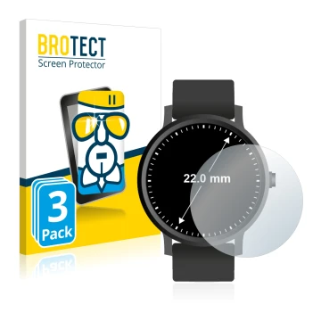 Vorderseite einer Produktverpackung mit dem Markenlogo BROTECT. Daneben ist das Gerät Armbanduhren (Kreisrund, ø: 22 mm) mit d