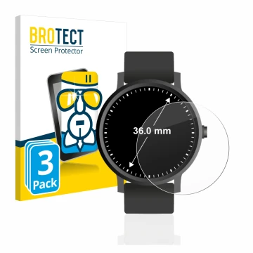 Vorderseite einer Produktverpackung mit dem Markenlogo BROTECT. Daneben ist das Gerät Armbanduhren (Kreisrund, ø: 36 mm) mit d