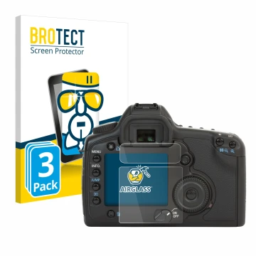Vorderseite einer Produktverpackung mit dem Markenlogo BROTECT. Daneben ist das Gerät Canon EOS 5D mit dem zugehörigen Display