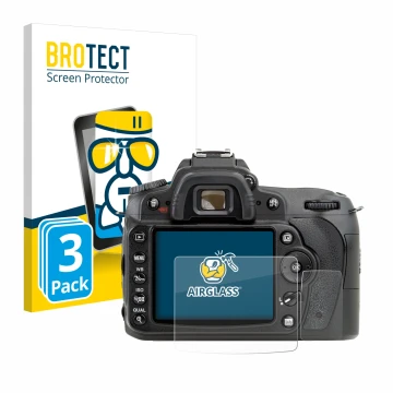 Vorderseite einer Produktverpackung mit dem Markenlogo BROTECT. Daneben ist das Gerät Nikon D90 mit dem zugehörigen Displaysch