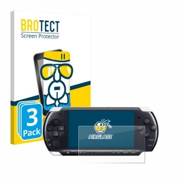 Vorderseite einer Produktverpackung mit dem Markenlogo BROTECT. Daneben ist das Gerät Sony PSP 3000 mit dem zugehörigen Displa
