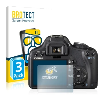 Vorderseite einer Produktverpackung mit dem Markenlogo BROTECT. Daneben ist das Gerät Canon EOS 500D mit dem zugehörigen Displ