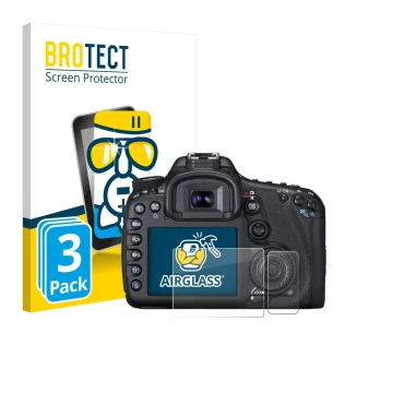 Vorderseite einer Produktverpackung mit dem Markenlogo BROTECT. Daneben ist das Gerät Canon EOS 7D mit dem zugehörigen Display