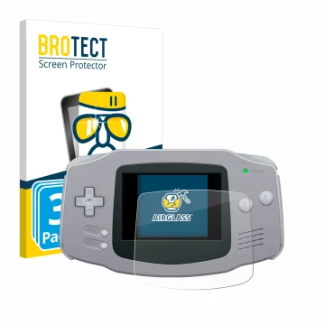 Vorderseite einer Produktverpackung mit dem Markenlogo BROTECT. Daneben ist das Gerät Nintendo Gameboy Advance GBA mit dem zug