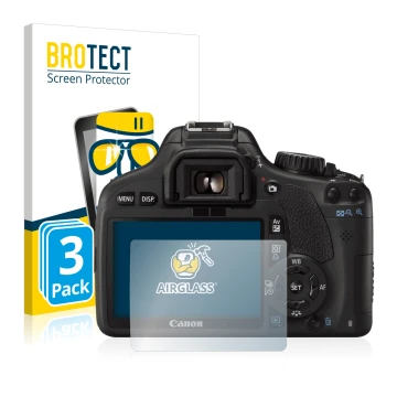 Vorderseite einer Produktverpackung mit dem Markenlogo BROTECT. Daneben ist das Gerät Canon EOS 550D mit dem zugehörigen Displ
