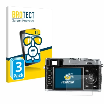 Vorderseite einer Produktverpackung mit dem Markenlogo BROTECT. Daneben ist das Gerät Fujifilm FinePix X100 mit dem zugehörige