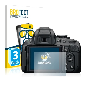 Vorderseite einer Produktverpackung mit dem Markenlogo BROTECT. Daneben ist das Gerät Nikon D5100 mit dem zugehörigen Displays