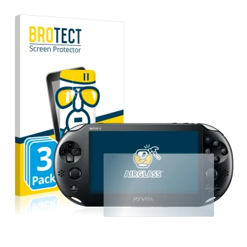 Vorderseite einer Produktverpackung mit dem Markenlogo BROTECT. Daneben ist das Gerät Sony Playstation Vita mit dem zugehörige