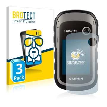 Vorderseite einer Produktverpackung mit dem Markenlogo BROTECT. Daneben ist das Gerät Garmin eTrex 30 mit dem zugehörigen Disp