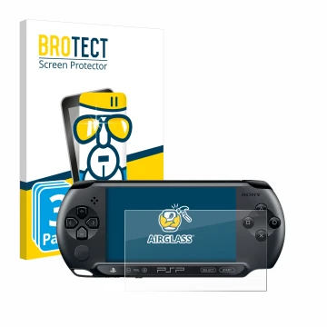 Vorderseite einer Produktverpackung mit dem Markenlogo BROTECT. Daneben ist das Gerät Sony PSP Street E1004 mit dem zugehörige