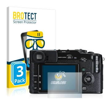 Vorderseite einer Produktverpackung mit dem Markenlogo BROTECT. Daneben ist das Gerät Fujifilm X-Pro1 mit dem zugehörigen Disp