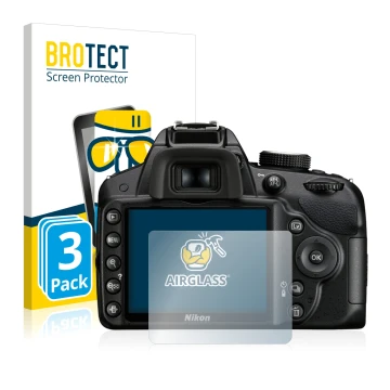 Vorderseite einer Produktverpackung mit dem Markenlogo BROTECT. Daneben ist das Gerät Nikon D3200 mit dem zugehörigen Displays