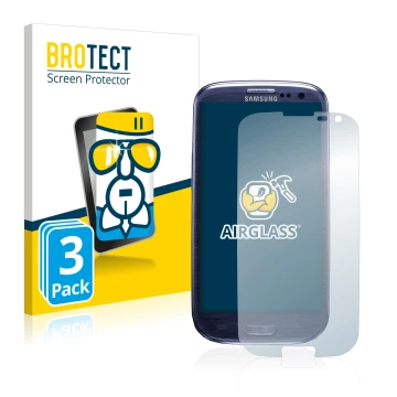 Vorderseite einer Produktverpackung mit dem Markenlogo BROTECT. Daneben ist das Gerät Samsung Galaxy S3 I9300 mit dem zugehöri