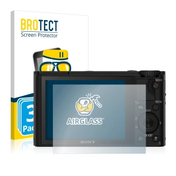 Vorderseite einer Produktverpackung mit dem Markenlogo BROTECT. Daneben ist das Gerät Sony Cyber-Shot DSC-RX100 mit dem zugehö